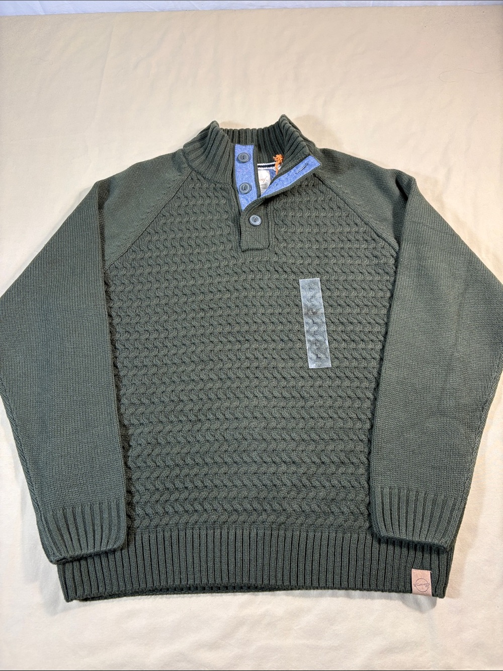 NWT Weatherproof Vintage Men's Cable Knit Button Mock Neck Sweater Olive L